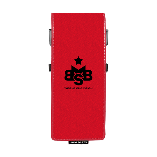 Shot Michael Smith World Champion Drop-In Dartcase - Rot Das Bild zeigt ein rotes Dartcase mit der Aufschrift "World Champion" und einem schwarzen Logo. Unten am Case befindet sich ein kleines Schild mit dem Text "Shot Darts".