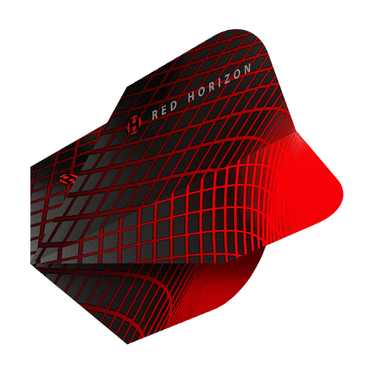 Das Bild zeigt die Harrows Prime Red Horizon No6 Flights. Sie sind schwarz mit einem auffälligen roten Gittermuster und dem Schriftzug "Red Horizon" gestaltet.