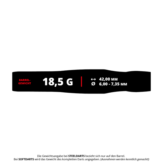 Das Bild zeigt die Produktdaten der "Target Japan Crux Brave Softdarts - 18,5g". Es werden das Barrelgewicht von 18,5 g, die Länge von 42,00 mm und der Durchmesser von 6,00 - 7,35 mm angezeigt.