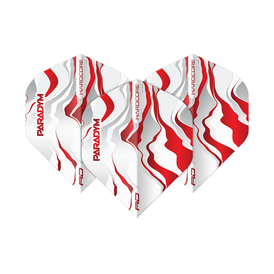 Abgebildet ist ein Set Red Dragon Hardcore Premium Paradym Red Premium No2 Standard Flights. Das Produkt zeigt hochwertige Dart-Flights in Standardgröße.