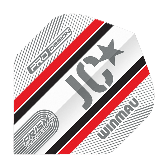 Winmau Alpha Joe Cullen Cullen 85 Standard Flights Das Bild zeigt ein Winmau Alpha Joe Cullen 85 Standard Flight für Dartpfeile. Das Flight ist weiß mit roten, schwarzen und grauen Streifen sowie den Aufdrucken "JC", "PRO DESIGN" und "WINMAU".