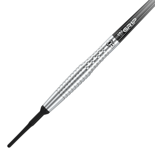 Bulls Martin Schindler Original Generation 2 soft darts Dieses Bild zeigt den Bulls Martin Schindler Original Generation 2 Softdart. Der Dartpfeil hat ein silbernes, geriffeltes Barrel und eine schwarze Spitze.