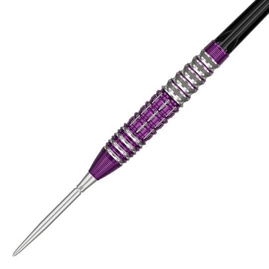 Target Japan Prime Series Tung Suk Zenith GEN1 Swiss Point Steeldarts - 23g Das Bild zeigt einen Target Japan Prime Series Tung Suk Zenith GEN1 Swiss Point Steeldart mit 23g Gewicht. Der Dart hat ein auffälliges Design mit silbernen und lila Elementen am Griff.