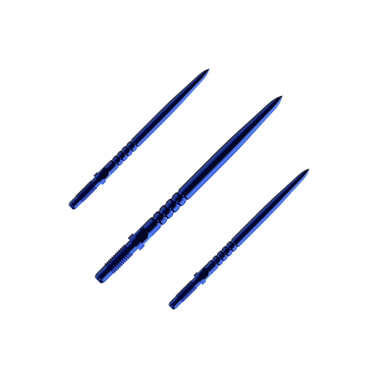 Hier sieht man ein Set aus mehreren RingedGrip Convertible Points in Blau, 32mm lang. Es sind Ersatzspitzen für Dartpfeile.
