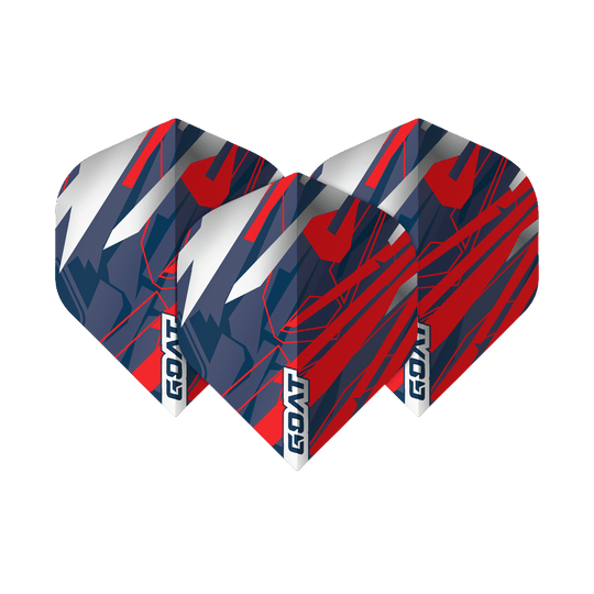 GOAT Homerun No2 Standard Flights Das Bild zeigt drei Dart-Flights des Produkts "GOAT Homerun No2 Standard Flights". Die Flights sind in den Farben Rot, Blau und Weiß gestaltet und mit dem Schriftzug "GOAT" versehen.