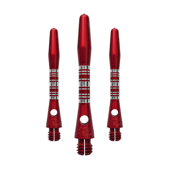 Bulls NL Supra Aluminum Shafts - Red - 34 mm Dieses Bild zeigt die Bulls NL Supra Aluminium Shafts in Rot, 34 mm lang, als Set. Die Schäfte sind robust und ideal für Dartspieler.