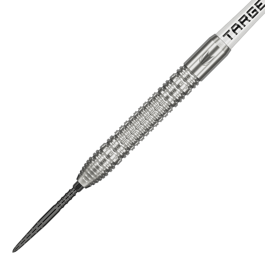 Target Shane McGuirk GEN1 Swiss Point Steel Darts - 23g Das Bild zeigt einen Target Shane McGuirk GEN1 Swiss Point Steeldart mit einem Gewicht von 23 Gramm. Der Dartpfeil besteht aus silbernem Metall und hat eine strukturierte Griffzone für besseren Halt.