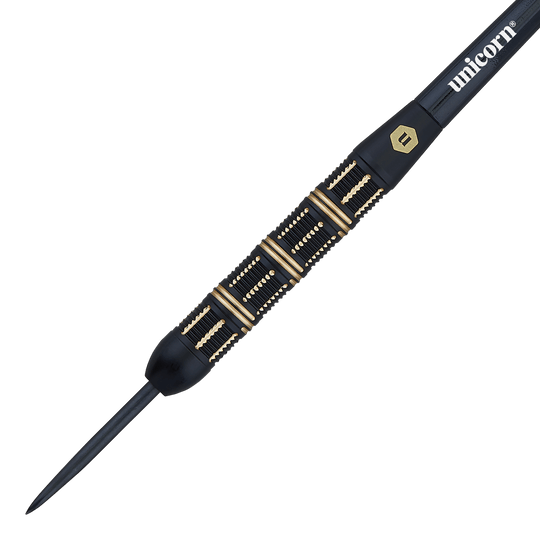 Unicorn Top Brass V3 Steeldarts - 21g Das Bild zeigt einen schwarzen Steeldartpfeil mit goldenen Akzenten und der Aufschrift „unicorn“. Es handelt sich um das Modell „Unicorn Top Brass V3 Steeldarts - 21g“.