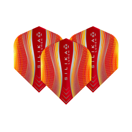 HF5128_Harrows_Silika_Lumen_Yellow_Red_No6_Flights_1f6D1Psz47VQnS Das Bild zeigt drei Harrows Silika Lumen Yellow Red No6 Flights für Darts. Die Flights sind in Rot- und Gelbtönen mit modernen Mustern und dem Silika Lumen Schriftzug gestaltet.