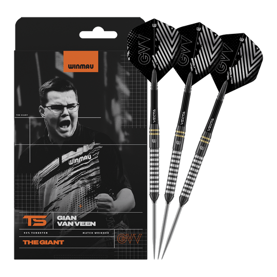 Winmau Gian Van Veen TS Switch Point steel darts Abgebildet ist Winmau Gian Van Veen TS Switch Point Steeldarts. Die Darts sind vollständig nebeneinander dargestellt.