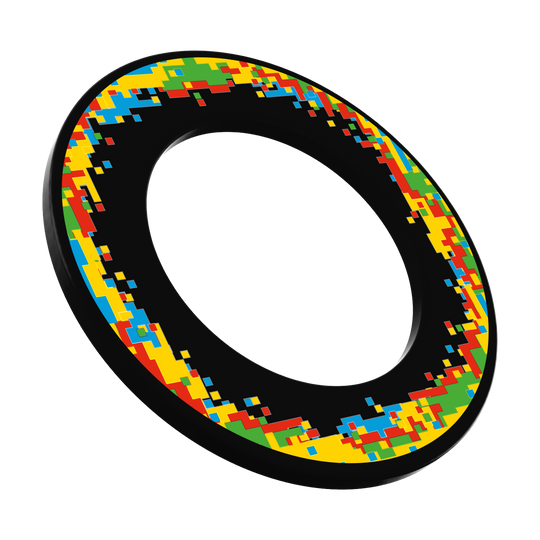 McDart Pixel Dartboard Surround Das Bild zeigt ein Produkt mit der Bezeichnung 'MSF-H1_McDart_Pixel_Dartboard_Surround_Schwarz_1'. Es handelt sich um einen schwarzen Schutzring für ein Dartboard.