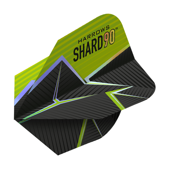 Harrows Prime Shard No6 Flights Das Bild zeigt das Produkt "Harrows Prime Shard No6 Flights". Die Flights haben ein modernes Design in Schwarz mit grünen und gelben Akzenten sowie geometrischen Mustern.