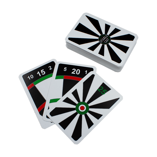 5172_McDart_Double_Out_Darts_Card_Game_2 Das Bild zeigt das Kartenspiel "McDart Double Out Darts Card Game". Auf den Spielkarten sind Dart-Zahlen und Dartboard-Grafiken abgebildet.