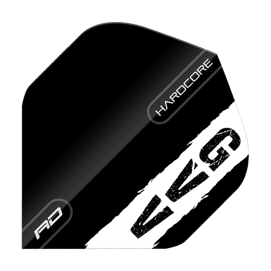 Red Dragon Hardcore Gian Van Veen Black Logo Standard Flights Das Bild zeigt ein schwarzes Dart-Flight mit weißen und grauen Akzenten. Auf dem Flight stehen die Wörter "HARDCORE", "RD" und die Buchstaben "GVG".
