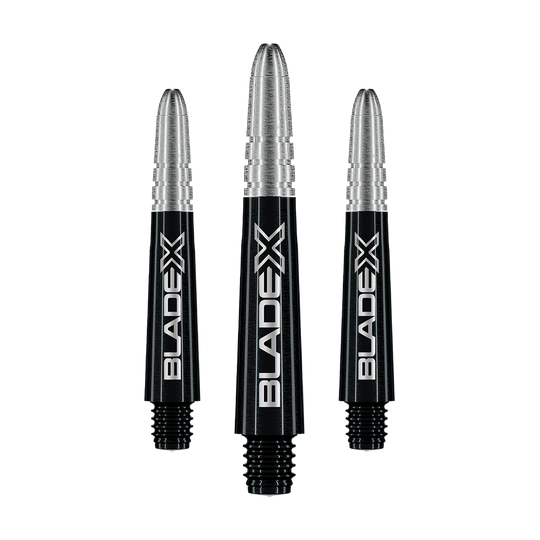 Winmau Vecta Blade X Shafts - Black Gezeigt wird ein Set schwarzer Dartshafts mit der Bezeichnung Winmau Vecta Blade X, 34 mm. Das Set ist für Dartspieler geeignet.