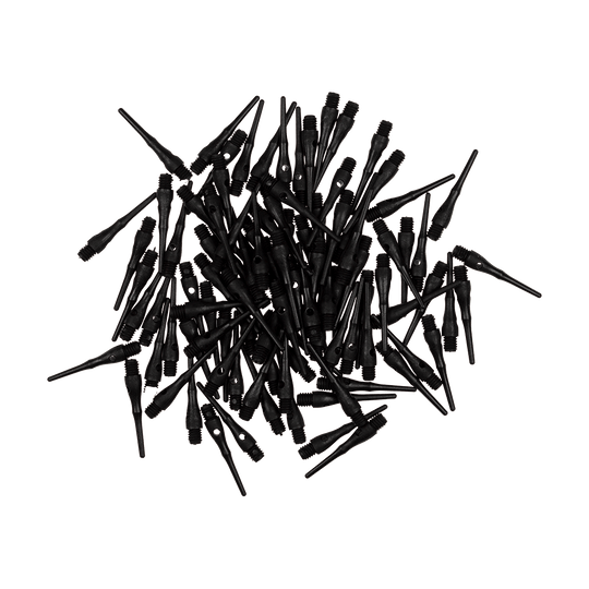 DP03SD_McDart_9er_Softdarts_3 Auf dem Bild sind viele schwarze Softdartspitzen des Produkts "McDart 9er Softdarts" zu sehen. Sie liegen ungeordnet auf einem Haufen.