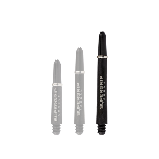 Das Bild zeigt drei schwarze Harrows Supergrip Carbon Shafts in unterschiedlichen Längen. Auf jedem Schaft steht in silberner Schrift "Supergrip Carbon".