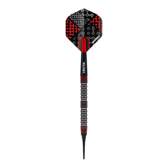 Winmau Cypher Softdarts - 20g Das Bild zeigt einen Winmau Cypher Softdart mit einem Gewicht von 20 Gramm. Der Dart hat ein modernes Design in Schwarz, Rot und Silber.