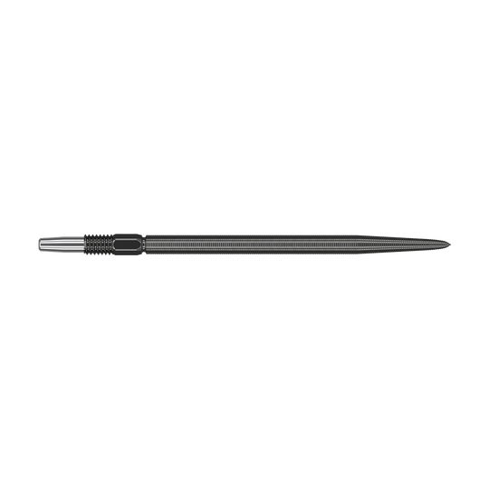 Target Swiss Point Nano Dart Tips - Black Das Bild zeigt eine schwarze Dartspitze mit feiner Riffelung. Sie ist lang und schlank mit einem metallischen Ansatz auf der linken Seite.
