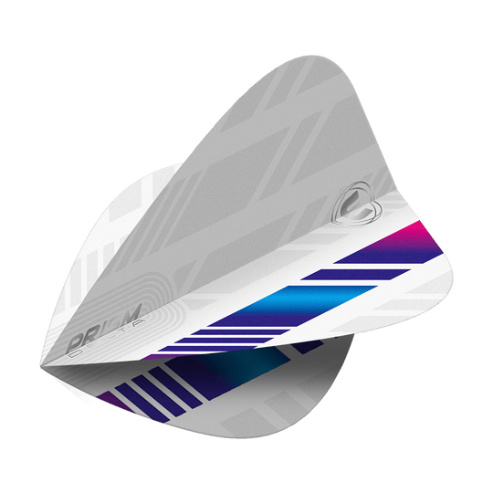 Das Bild zeigt die Winmau Delta White Blue Purple Kite Flights. Sie sind hauptsächlich weiß mit blauen und lila Akzenten sowie einem modernen, grafischen Muster.