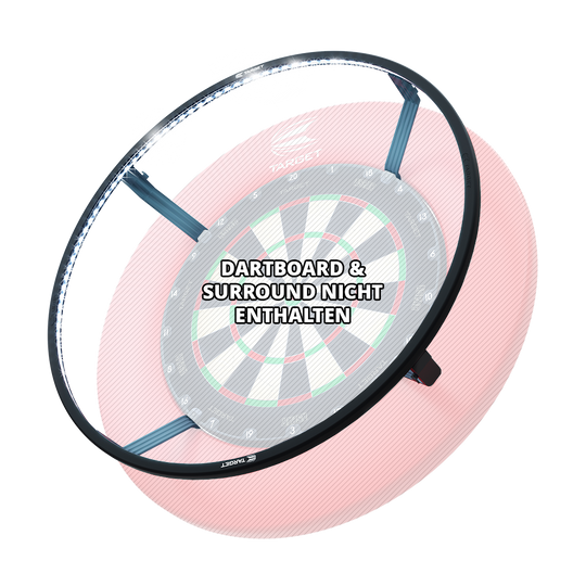 Target CORONA Vision LED Dartboard Lighting System Das Bild zeigt das Produkt "Target CORONA Vision LED Dartboard Lighting System", das als Beleuchtungssystem für eine Dartscheibe dient. Auf dem Bild steht außerdem der Hinweis: "Dartboard & Surround nicht enthalten."
