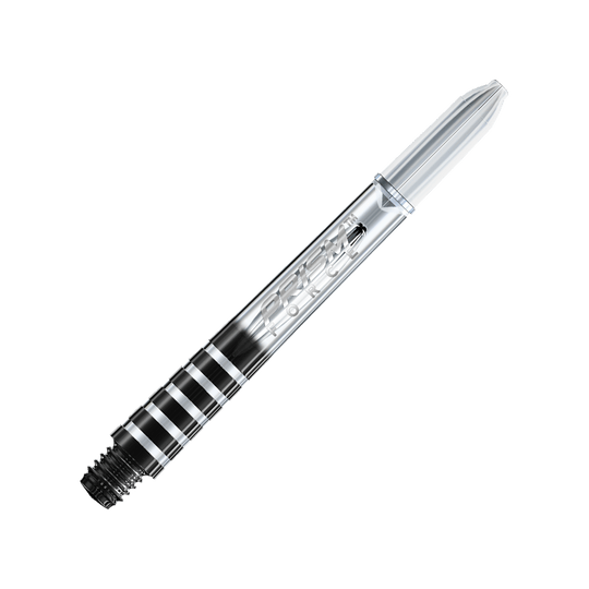 7020-406_Winmau_Prism_Force_Shafts_Clear_41mm_2 Das Bild zeigt einen klaren Winmau Prism Force Shaft für Darts. Der Schaft hat ein transparentes Design mit eingraviertem Schriftzug.