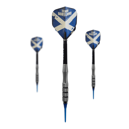 Das Bild zeigt McDart Scottish Cross Brass Softdarts mit einem Gewicht von 18g. Die Darts sind für Softdartspieler geeignet.