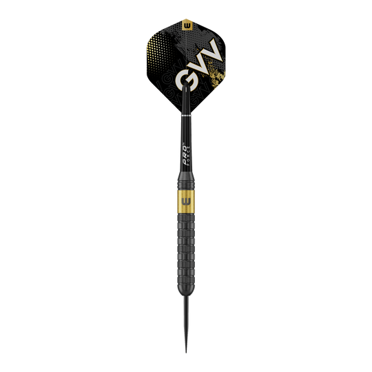 Winmau Gian Van Veen Core Brass Steeldarts - 21g Das Bild zeigt Winmau Gian Van Veen Core Brass Steeldarts mit einem Gewicht von 21 Gramm. Die Steeldarts sind aus einer seitlichen Perspektive zu sehen.