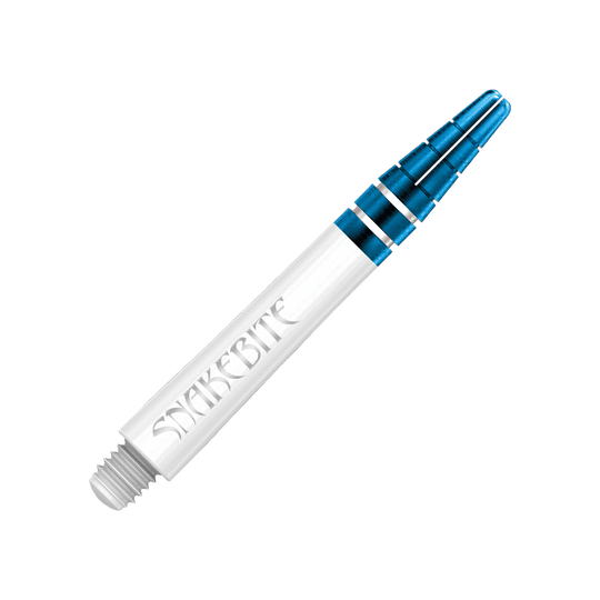 Das Bild zeigt einen Red Dragon Nitrotech Peter Wright Blue Shaft mit einer Länge von 39 mm. Der Schaft ist weiß mit blauen Metallringen und trägt die Aufschrift "SNAKEBITE".