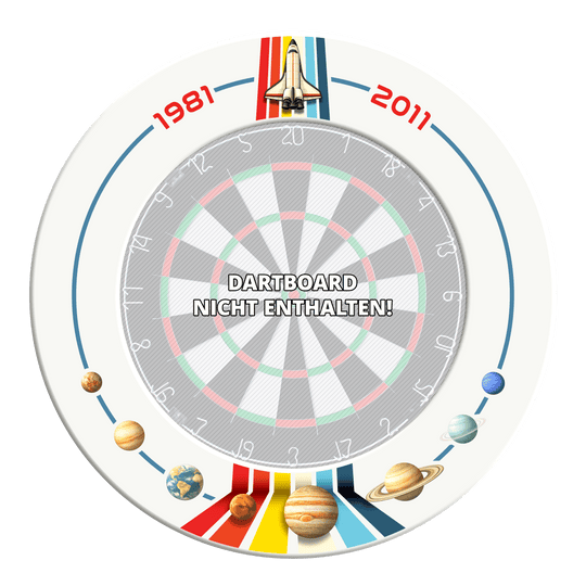 Das Bild zeigt den McDart Weltraum Shuttle Dartboard Surround. Es handelt sich um einen Schutzring für Dartboards.