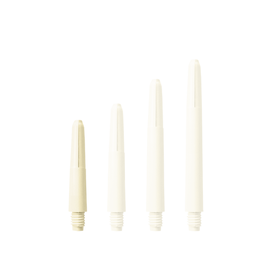 Das Bild zeigt vier Nylon Shafts in Naturweiß, die in unterschiedlichen Längen angeordnet sind. Sie haben ein Gewinde am unteren Ende.
