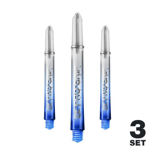 Target Pro Grip Vision Shafts - 3 Sets - Blue Das Bild zeigt drei blaue "Pro Grip Vision" Shafts für Darts. In der rechten unteren Ecke steht "3 Set".