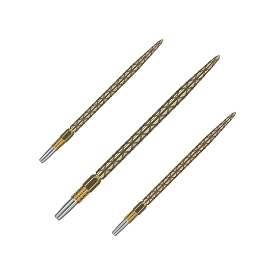Target Swiss Diamond Pro Gold dart tips Das Bild zeigt drei goldfarbene Dartspitzen mit einem diamantähnlichen Muster. Die Spitzen sind schlank und haben eine silberne Befestigung am unteren Ende.