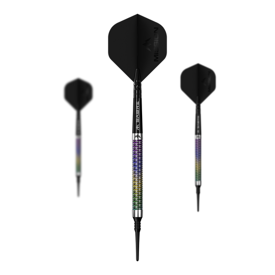 Mission Kaleidos soft darts - 19g Mission Kaleidos Softdarts - 19g wird als Set auf dem Bild präsentiert. Mehrere Softdarts sind nebeneinander angeordnet.