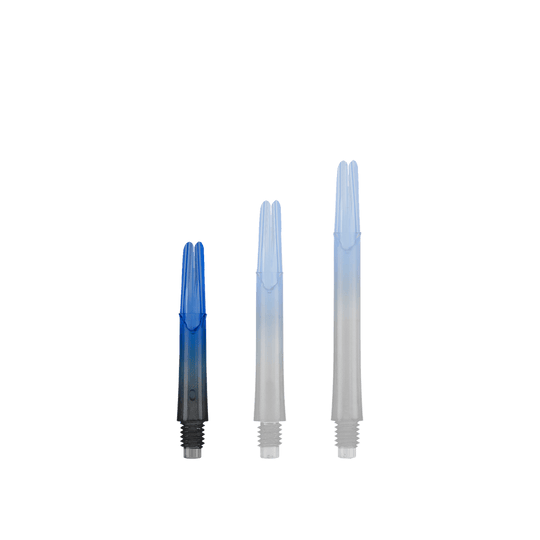 L-L-Style-Shaft Locked Straight Natural9 TwoTone Shafts - Blue Das Bild zeigt drei unterschiedlich lange Dartschäfte in Blau und Schwarz. Sie stehen nebeneinander und haben ein gerades Design ohne Kappen.