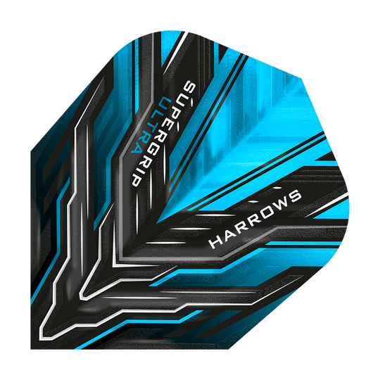 Das Bild zeigt ein Dart-Flight in leuchtendem Blau und Schwarz mit grafischem Muster. Auf dem Flight stehen die Wörter "SUPERGRIP ULTRA" und "HARROWS".
