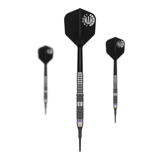 Target Japan Yuta Hayashi Sirius GEN3 Soft Darts - 19g Das Bild zeigt drei Softdarts des Modells "Target Japan Yuta Hayashi Sirius GEN3 - 19g". Die Darts haben schwarze Flights und silberne, geriffelte Barrels.