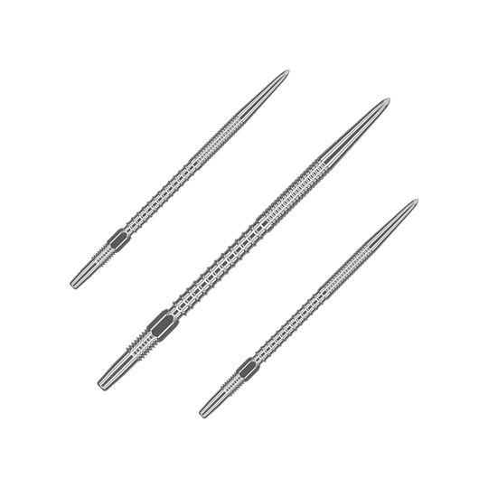Target Swiss Firepoint Silver dart tips Auf dem Bild sind drei silberne Dartspitzen abgebildet. Sie liegen parallel zueinander auf einem transparenten Hintergrund.