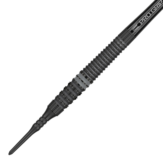 210064_Target_Echo_14_Softdarts_2 Das Bild zeigt einen Target Echo 14 Softdart. Der Dartpfeil ist überwiegend schwarz und hat eine strukturierte Griffzone für besseren Halt.