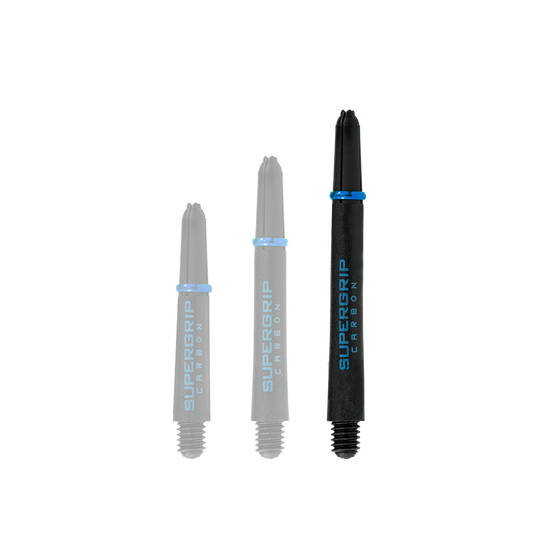 Das Bild zeigt drei Harrows Supergrip Carbon Shafts in der Farbe Aqua. Die Shafts sind unterschiedlich lang und stehen nebeneinander.