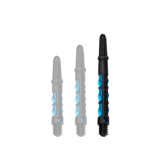 Das Bild zeigt drei Harrows Carbon ST Shafts in der Farbe Aqua. Die Dartschäfte sind schwarz mit blauen Akzenten und in drei verschiedenen Längen dargestellt.