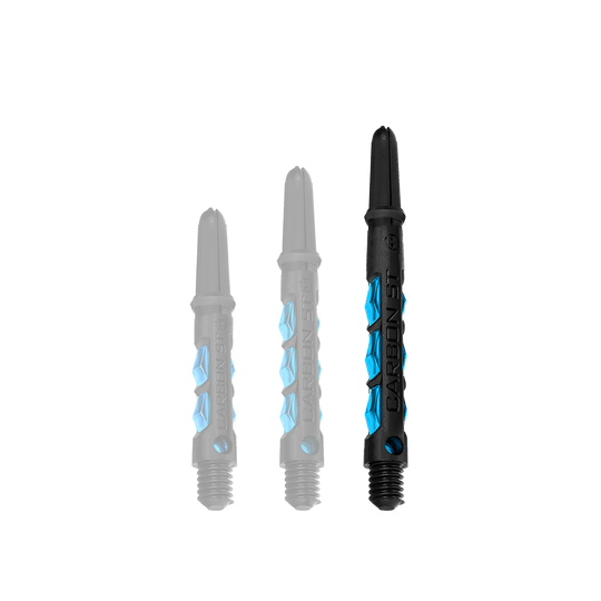 HR412_Harrows_Carbon_ST_Shafts_Aqua_47mm_1 Das Bild zeigt drei Harrows Carbon ST Shafts in der Farbe Aqua. Die Dartschäfte sind schwarz mit blauen Akzenten und in drei verschiedenen Längen dargestellt.