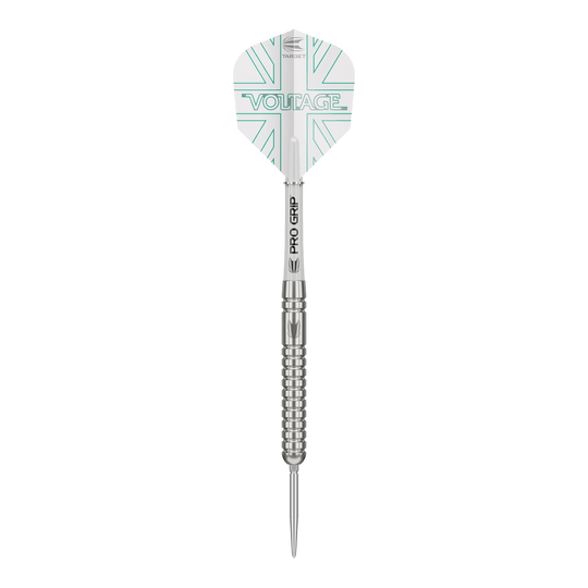 Target Rob Cross Voltage Swiss Point Steel Darts Das Bild zeigt einen Target Rob Cross Voltage Swiss Point Steeldart. Der Dart hat ein silbernes Design mit dem Schriftzug „VOLTAGE“ auf den Flights.