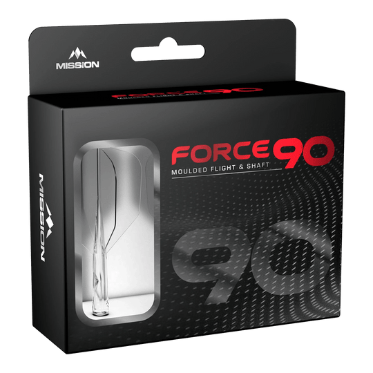 Mission Force 90 No6 Flight Shaft System - Clear Die Abbildung zeigt die Verpackung des Produkts „Mission Force 90 No6 Flight-Shaft-System - Clear“. In der schwarzen Box mit Sichtfenster ist das transparente Flight-Shaft-System zu erkennen.