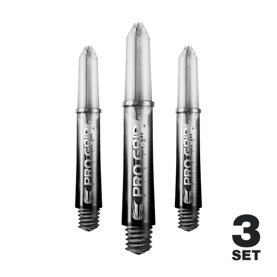 Target Pro Grip Vision Shafts - 3 Sets - Black Das Bild zeigt drei schwarze Pro Grip Vision Shafts für Darts. Unten rechts steht "3 Set", was auf ein Set mit drei Stück hinweist.