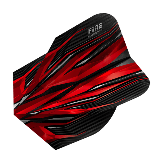 HR1_Harrows_Fire_Red_Standard_Flights_2 Das Bild zeigt das Produkt "Harrows Fire Red Standard Flights". Das Design ist überwiegend rot und schwarz mit dynamischen, scharfen Linien.