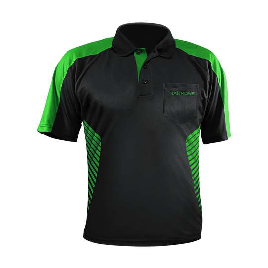17492-Harrows-Vivid-Dartshirt-Black-Green-1 Das Bild zeigt ein schwarzes Dartshirt mit grünen Akzenten von Harrows. Auf der Brusttasche steht der Schriftzug "Harrows" in grün.