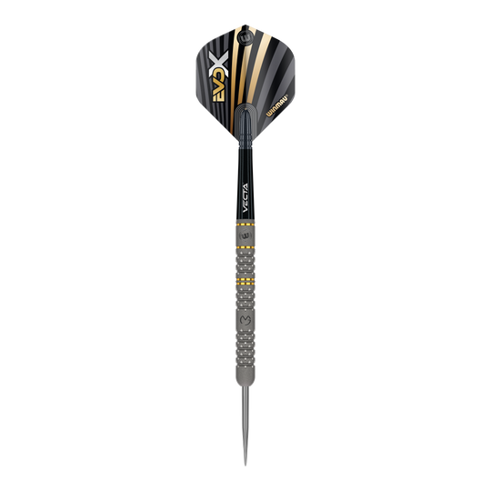 Dies ist ein Winmau Michael Van Gerwen Evo-X Steeldart. Der Dartpfeil hat ein schwarz-goldenes Design und eine strukturierte Griffzone.