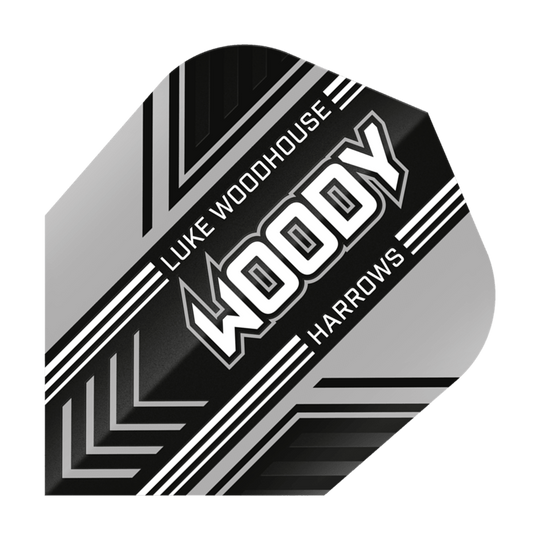 Das Bild zeigt ein Dartflight mit dem Namen "Harrows Prime Luke Woodhouse Woody No6". Das Design ist schwarz, weiß und silber mit dem Schriftzug "WOODY" in der Mitte.