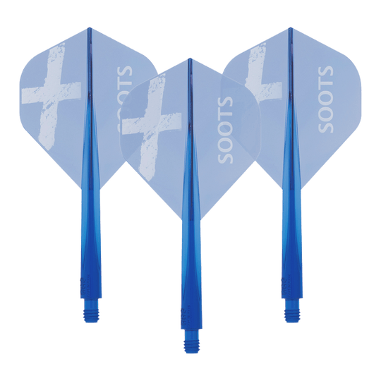 Das Bild zeigt drei blaue Dart-Flights des Produkts "Condor AXE Soots Flight-System - Standard". Auf jedem Flight steht das Wort "SOOTS" und ein weißes Kreuz ist abgebildet.